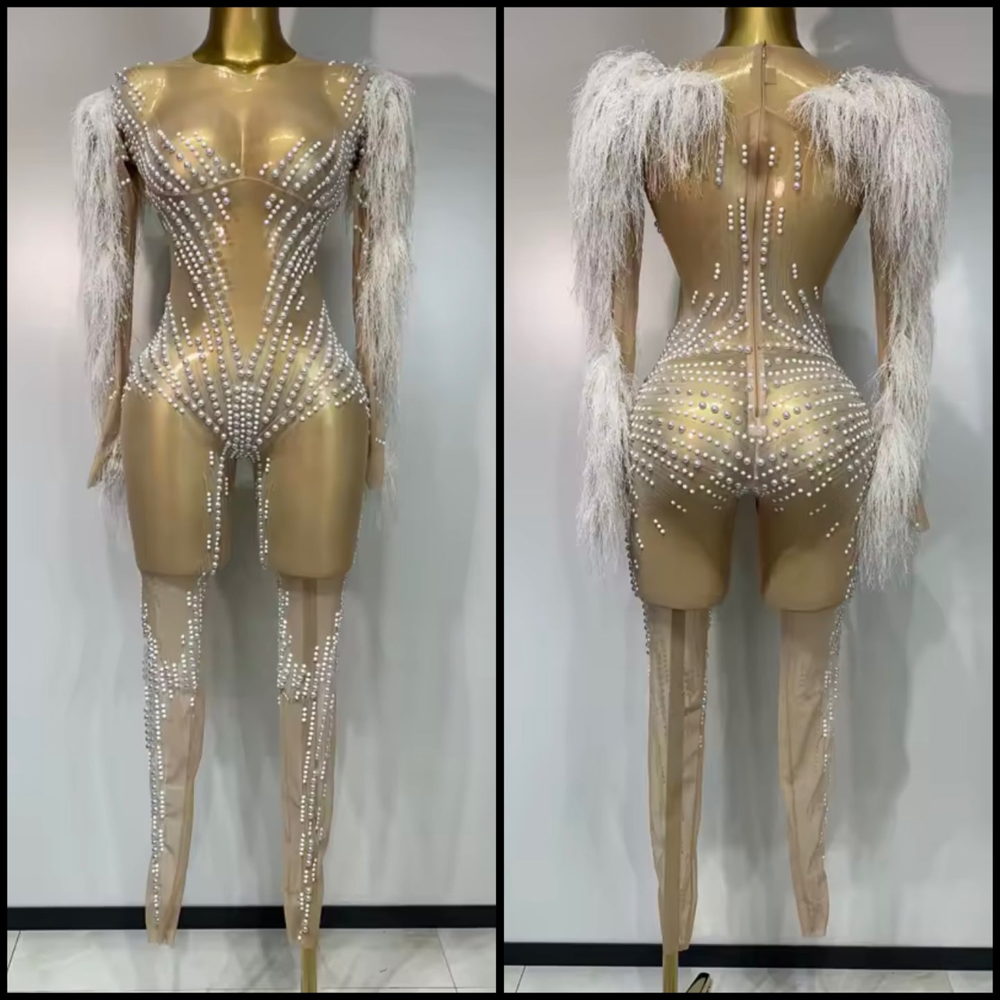 Sexy Pearl Feather Full Sleeve See Through Jumpsuit