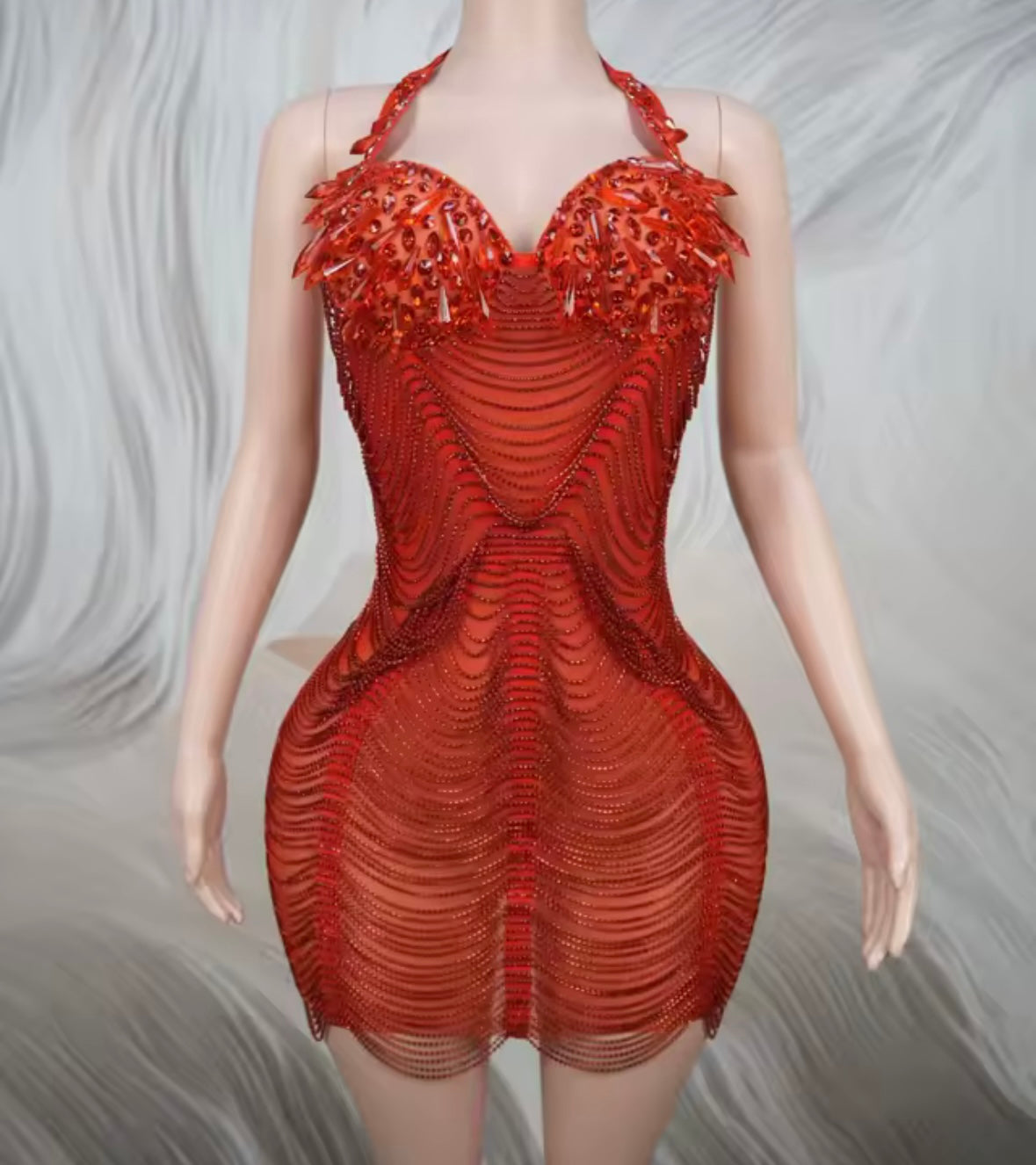 Sexy Halter Sleeveless Rhinestone Fringe Chain Dress