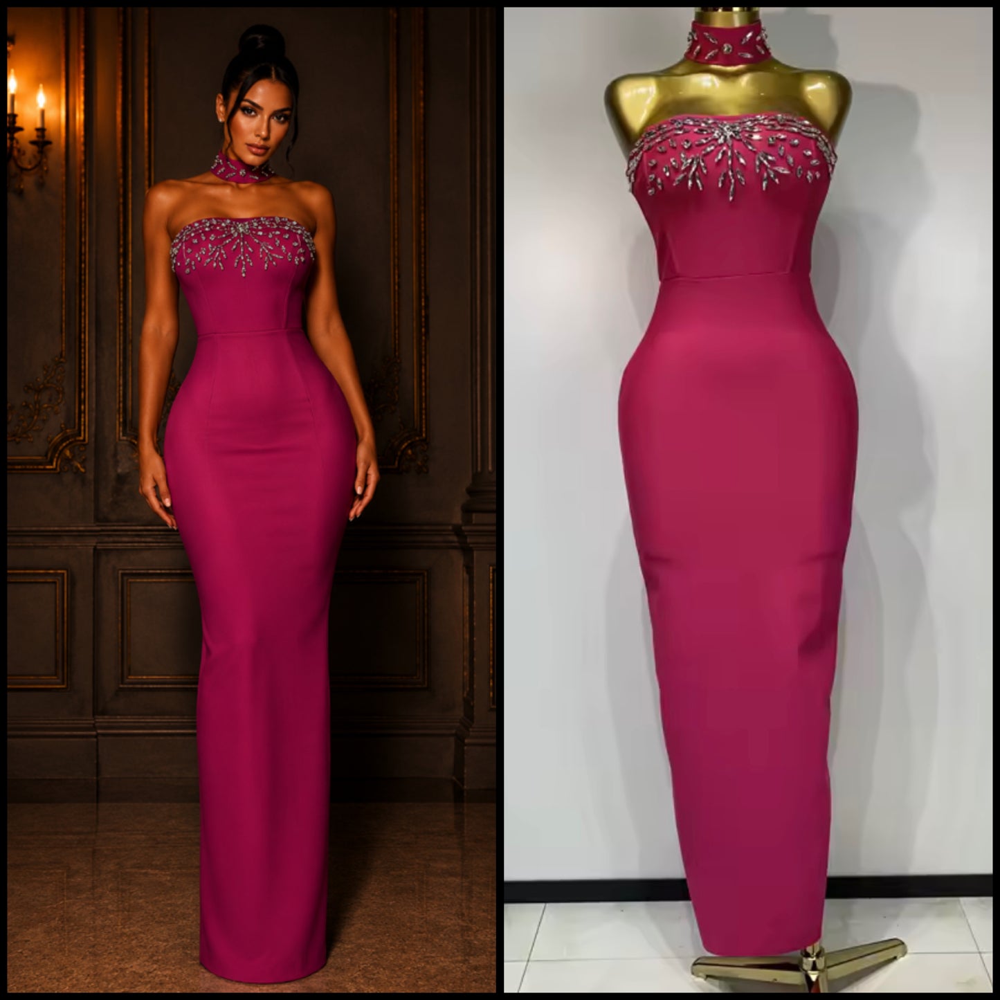 Pink Choker Strapless Sexy Rhinestone Maxi Dress