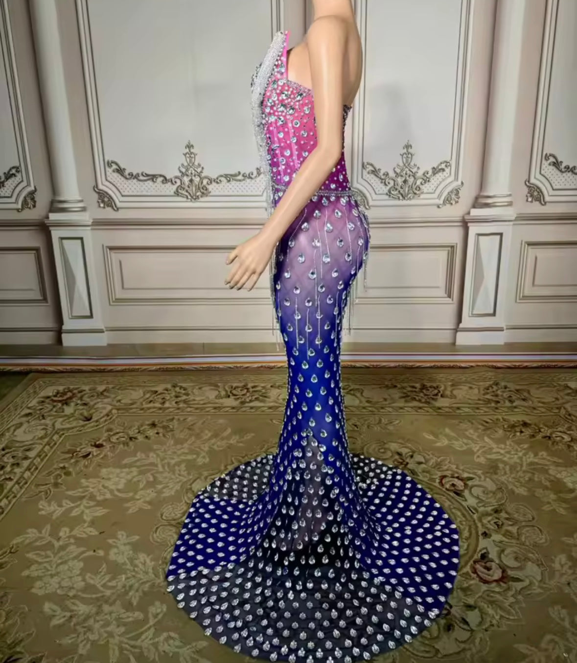 Sexy Strapless Gradient Rhinestone Tassel Maxi Dress