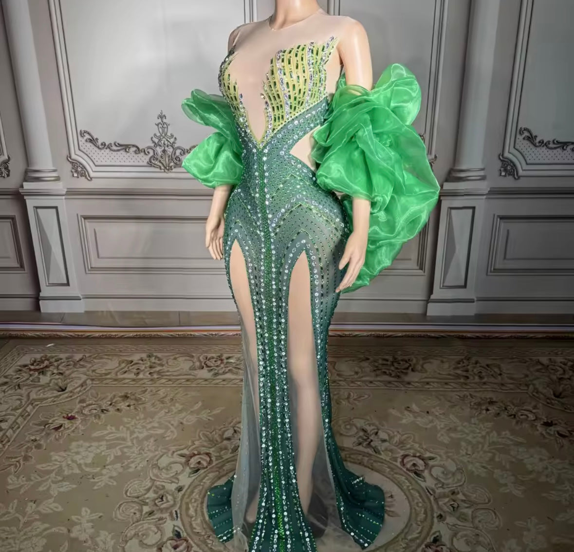 Sexy Green Puff Ruffled Sleeve Rhinestone Front Splits Maxi Dress