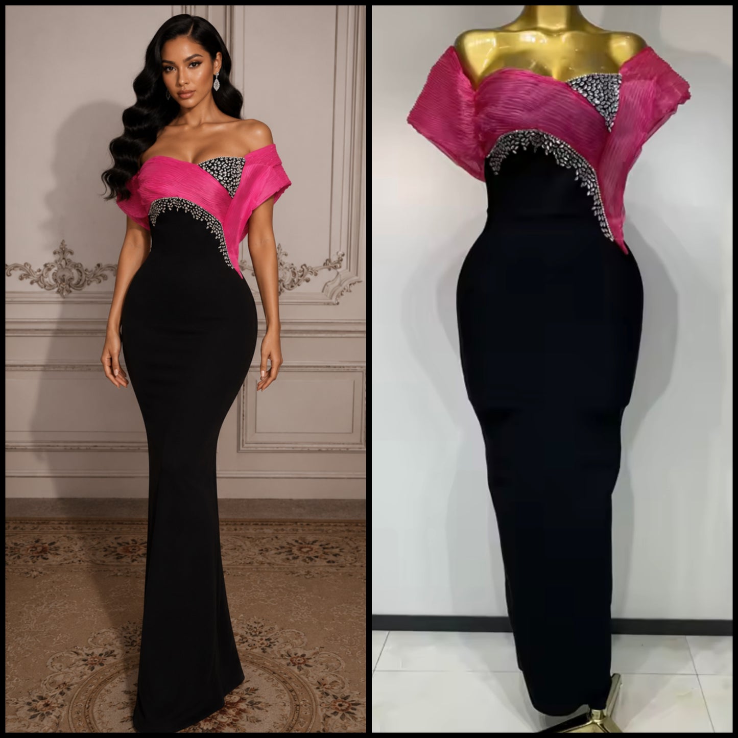 Elegant Off The Shoulder Rhinestone Black Maxi Dress