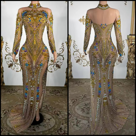 Elegant Multicolor Rhinestone Full Sleeve Floor-Length Dress