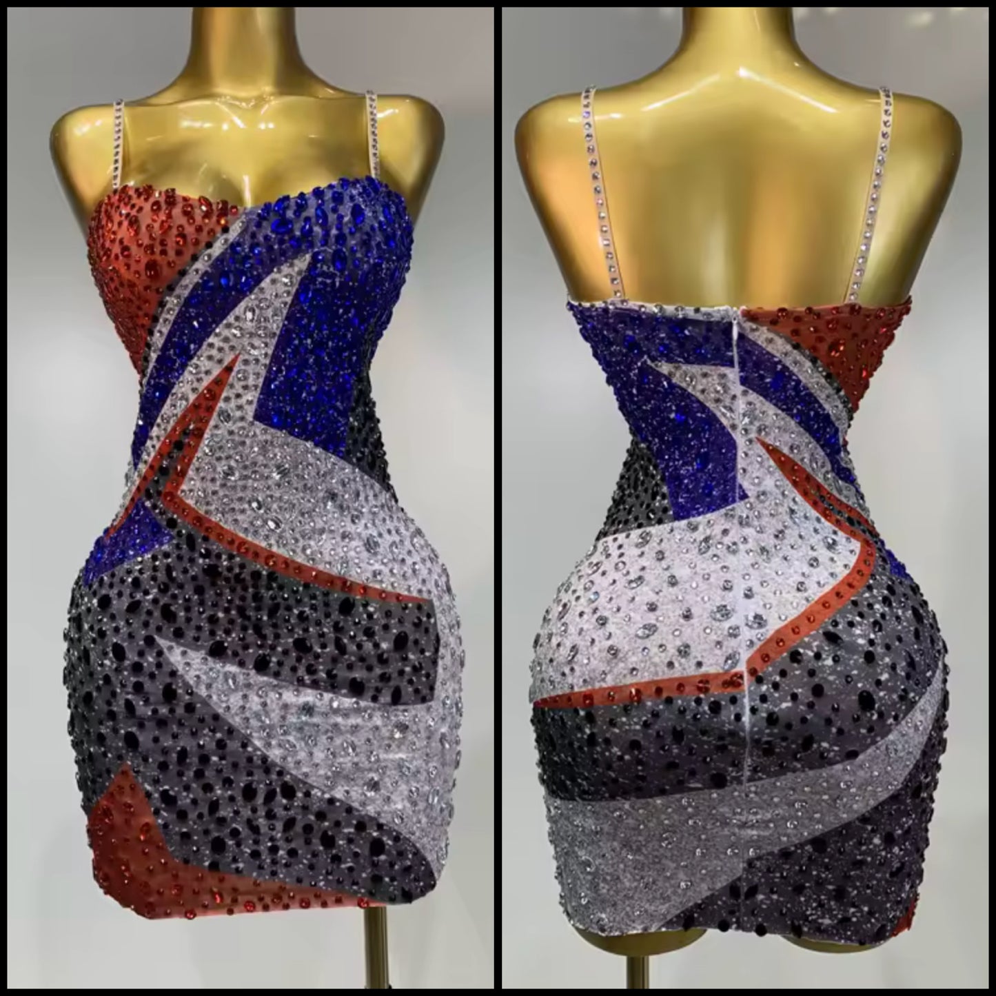 Sexy Sleeveless Color Patchwork Rhinestone Dress
