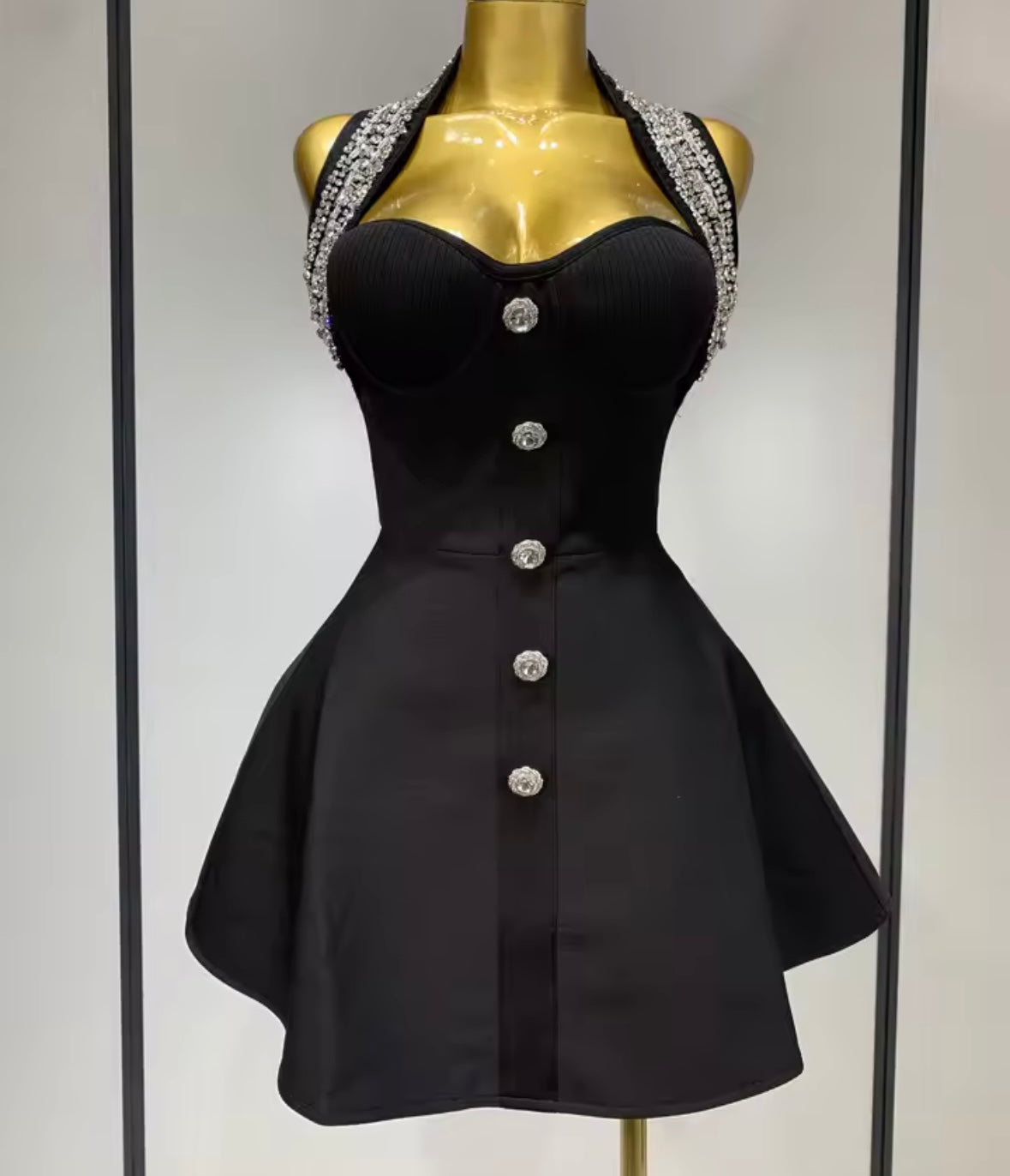 Sexy Rhinestone Halter Button Short Dress