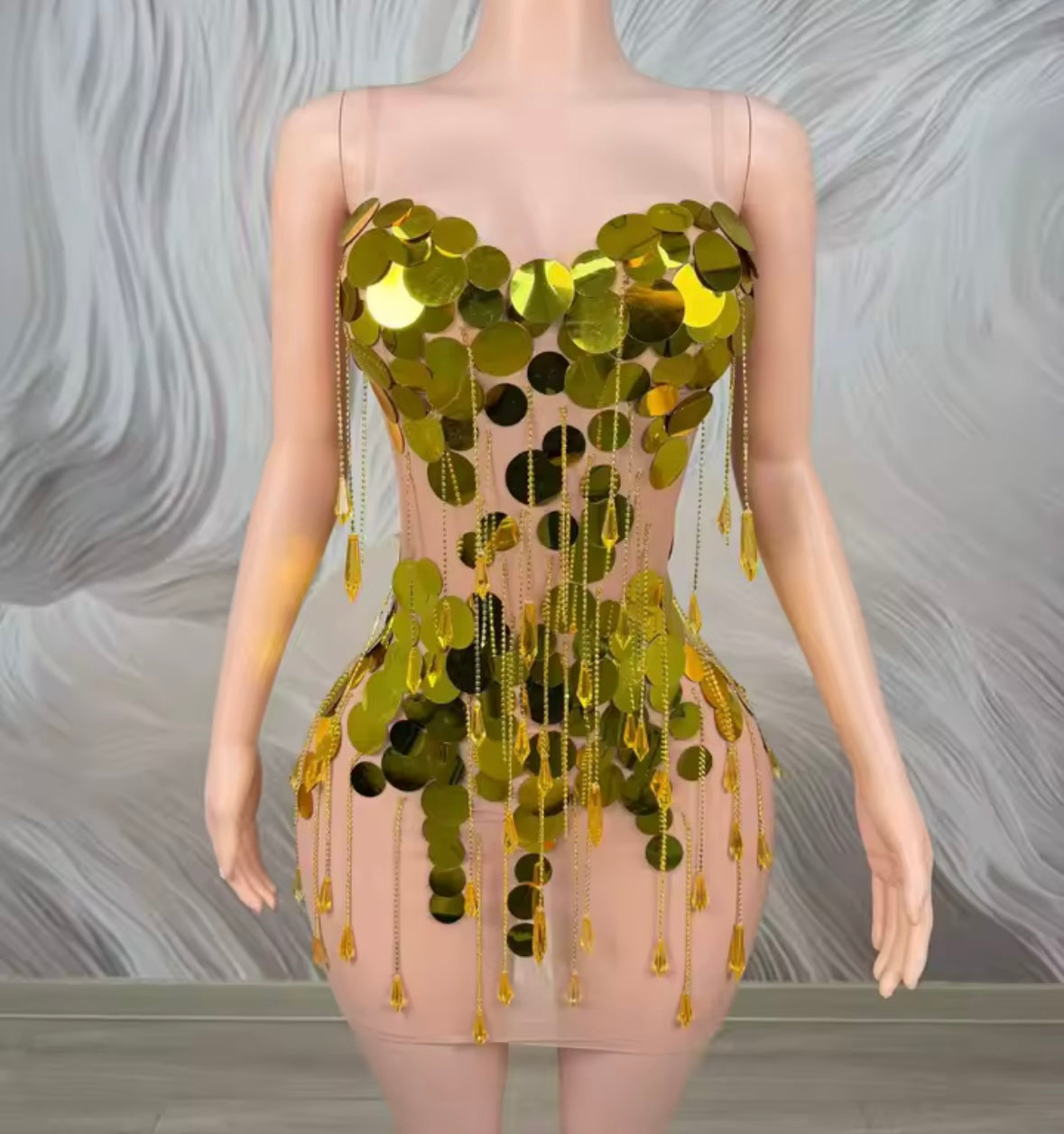 Sexy Sleeveless Gold Circle Sequins Tassel See Through Dress