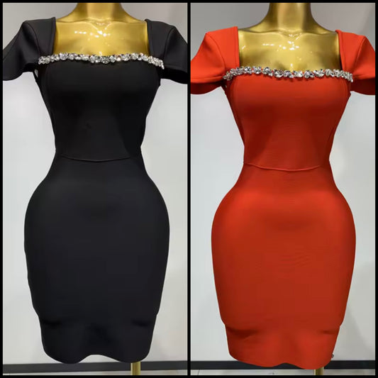 Elegant Rhinestone Short Sleeve Back Zipper Dress