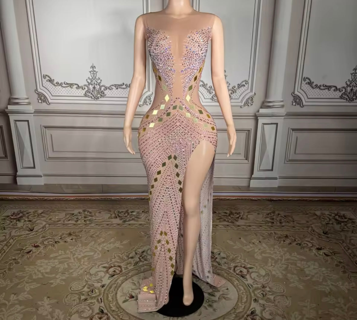 Sexy Sleeveless Rhinestone Mirror Side Split Maxi Dress