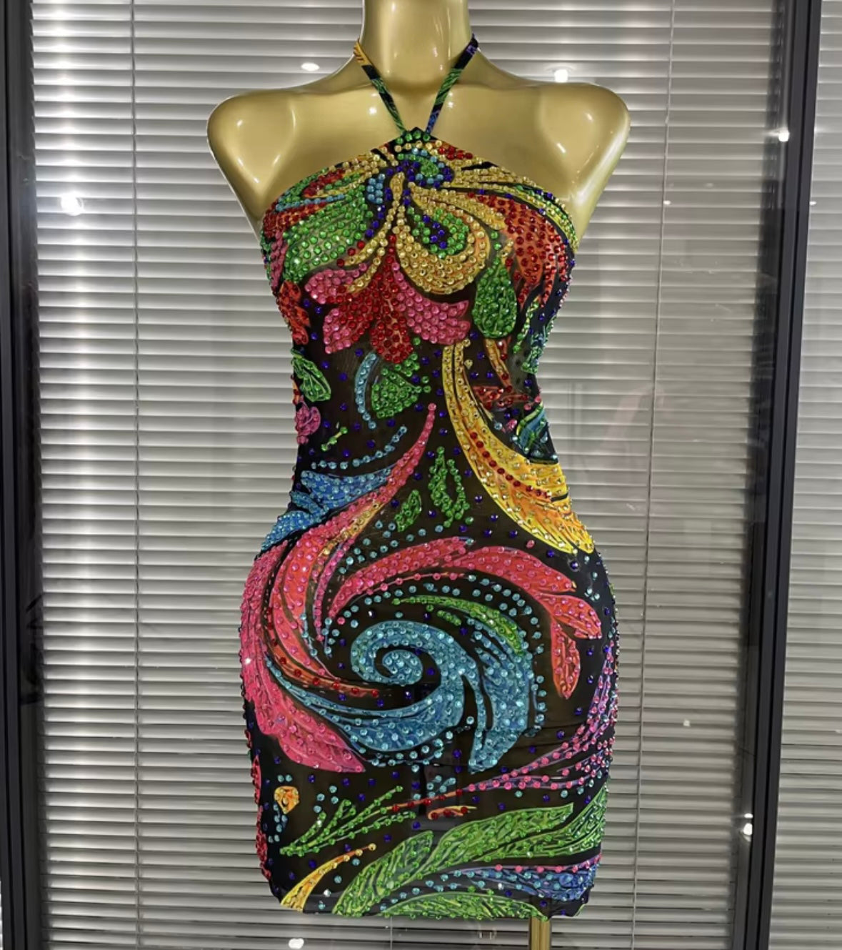 Sexy Halter Sleeveless Colorful Rhinestone Dress