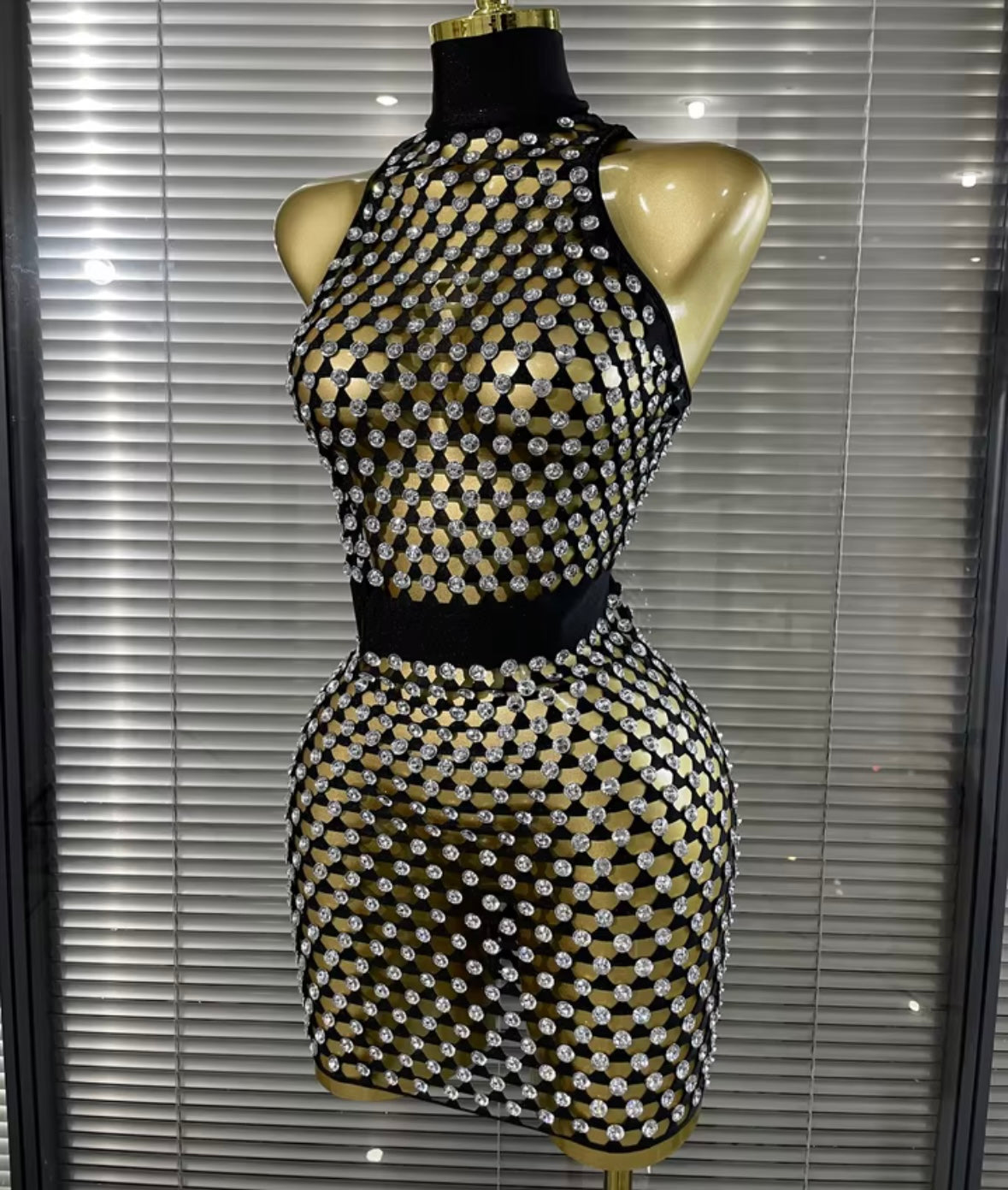 Sexy Sleeveless Rhinestone Open Back See Through Dress
