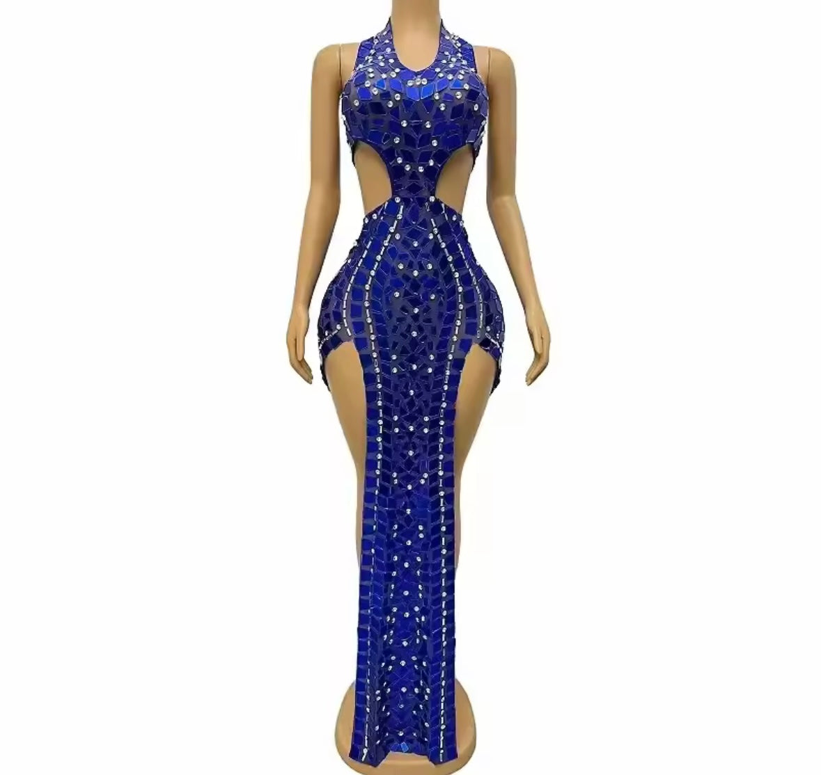 Blue Halter Open Back Sleeveless Mirror Rhinestone Maxi Dress