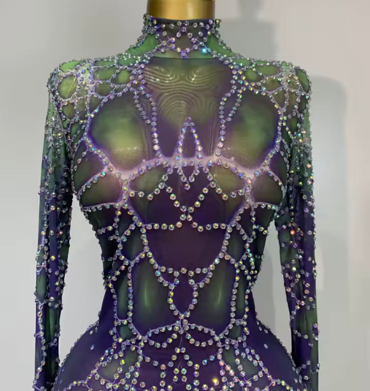 Sexy Color Rhinestone Mesh Full Sleeve Jumpsuit