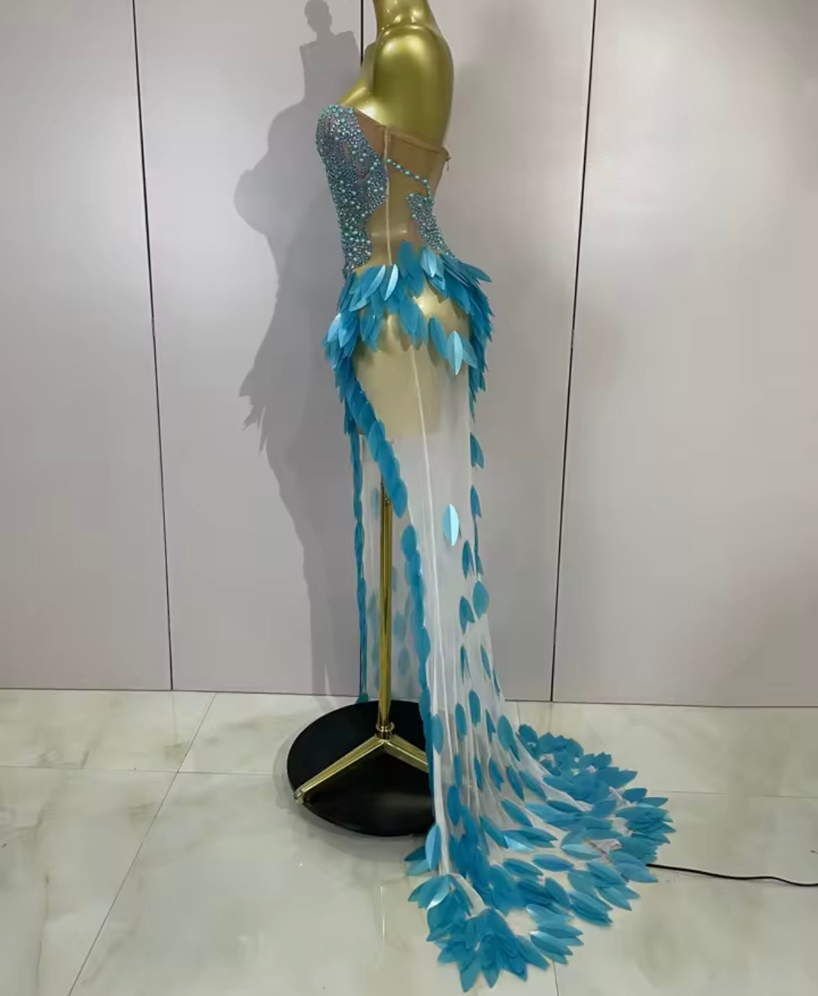 Sexy Sequins Pearl Rhinestone Strapless Side Split Maxi Dress