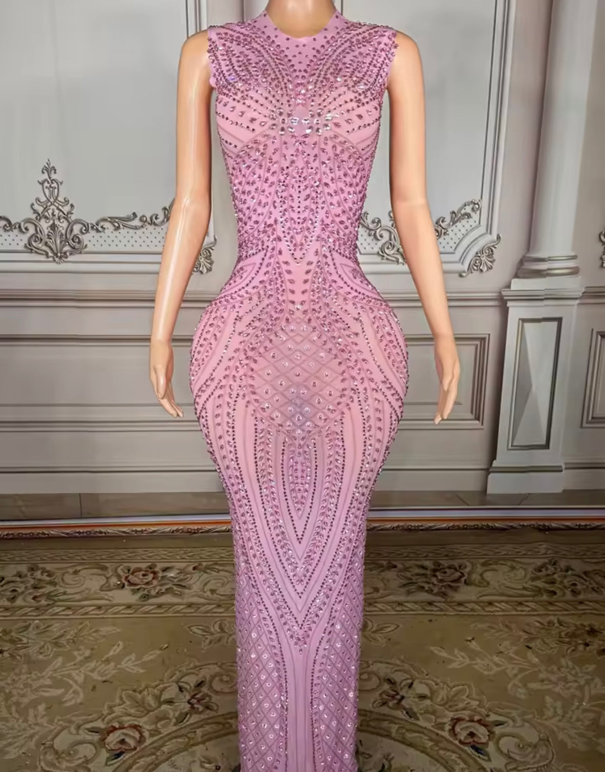 Sexy Pink Sleeveless Rhinestone Embellishment Maxi Dress