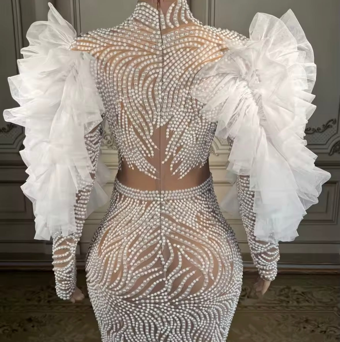 Sexy Beaded Ruffle Fur Sleeve See Through Maxi Dress