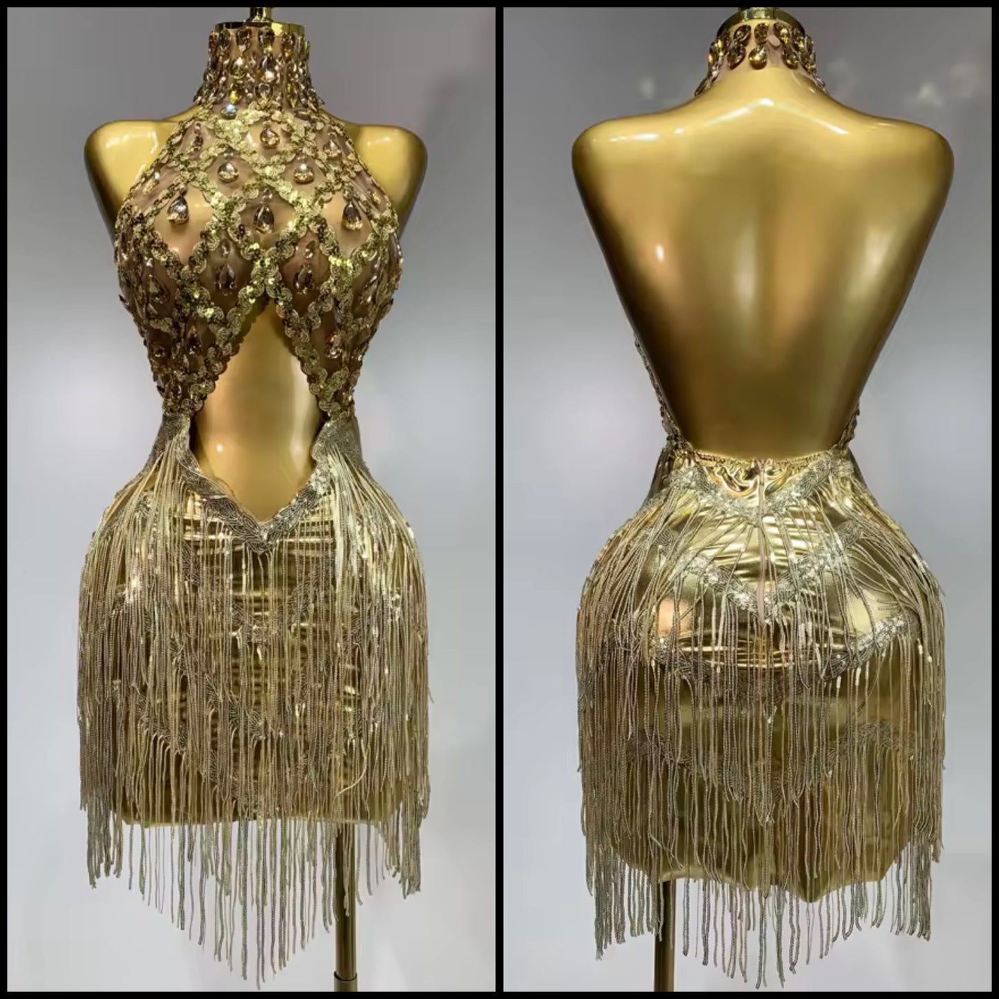Sexy Gold Halter Open Back Crystal Tassel Dress