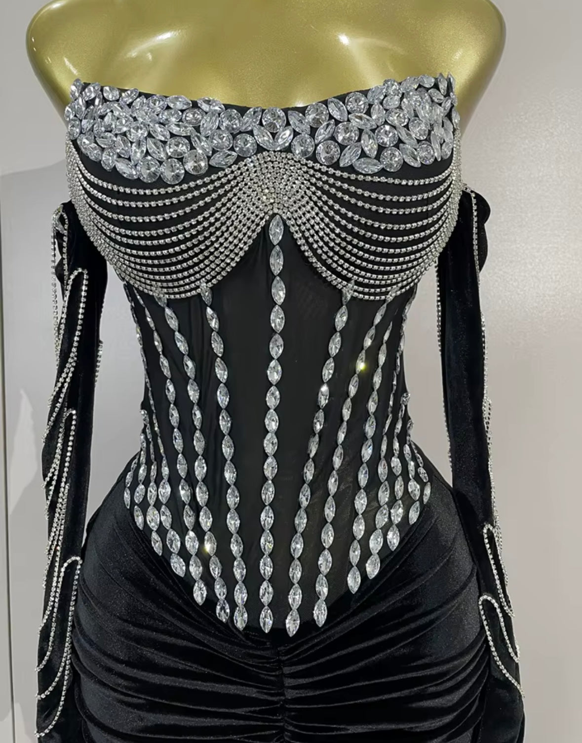 Elegant Rhinestone Strapless Black Front Split Maxi Dress