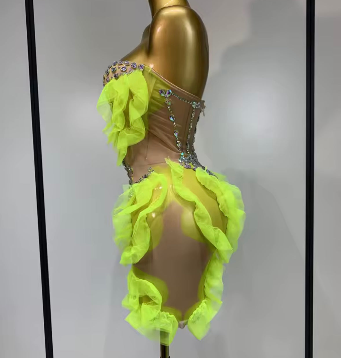 Sexy Strapless Rhinestone Ruffle See Through Dress