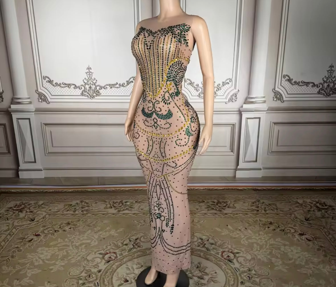 Sexy Sleeveless See Through Rhinestone Maxi Dress