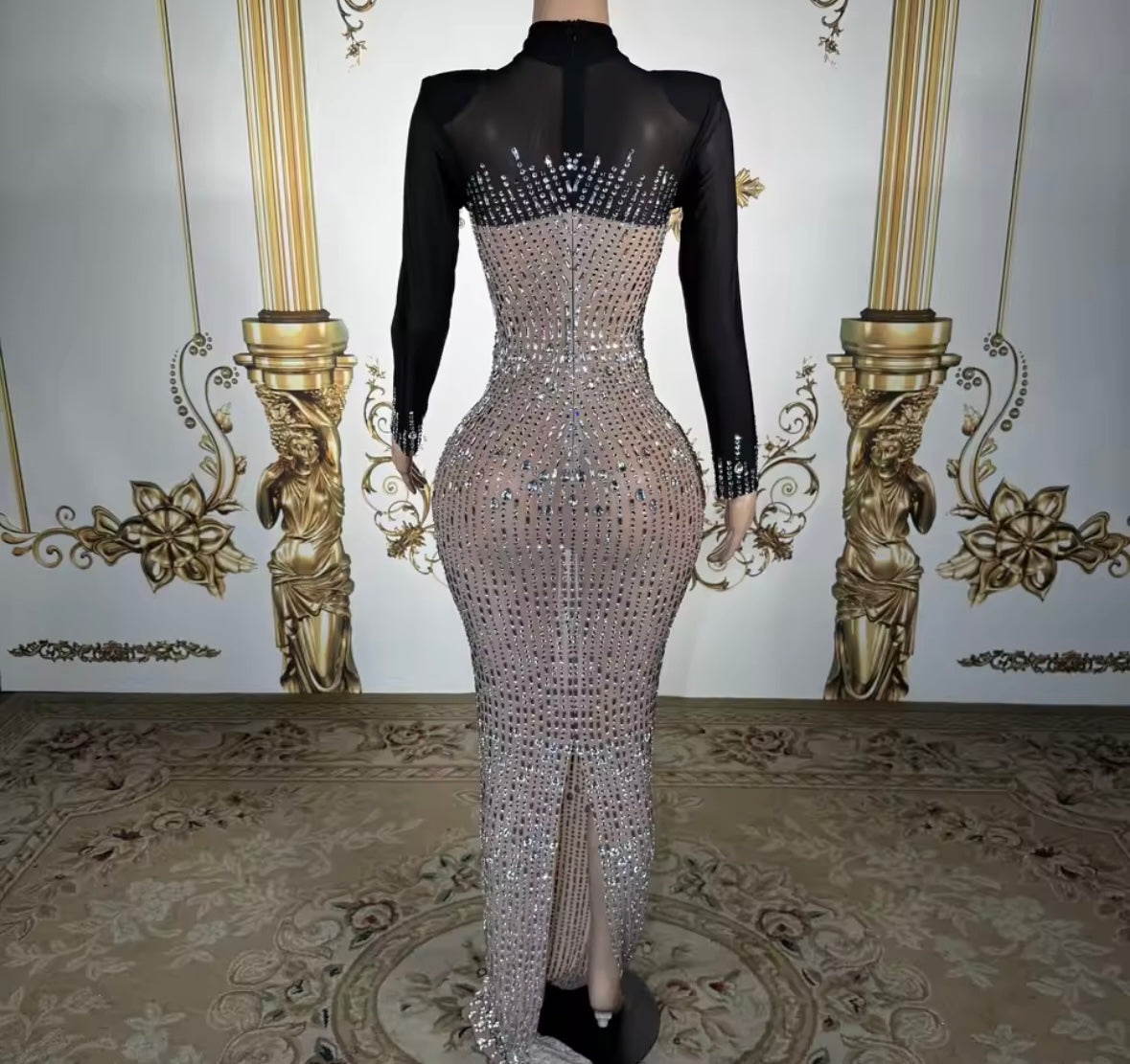 Sexy Rhinestone Embellishment Full Sleeve Maxi Dress