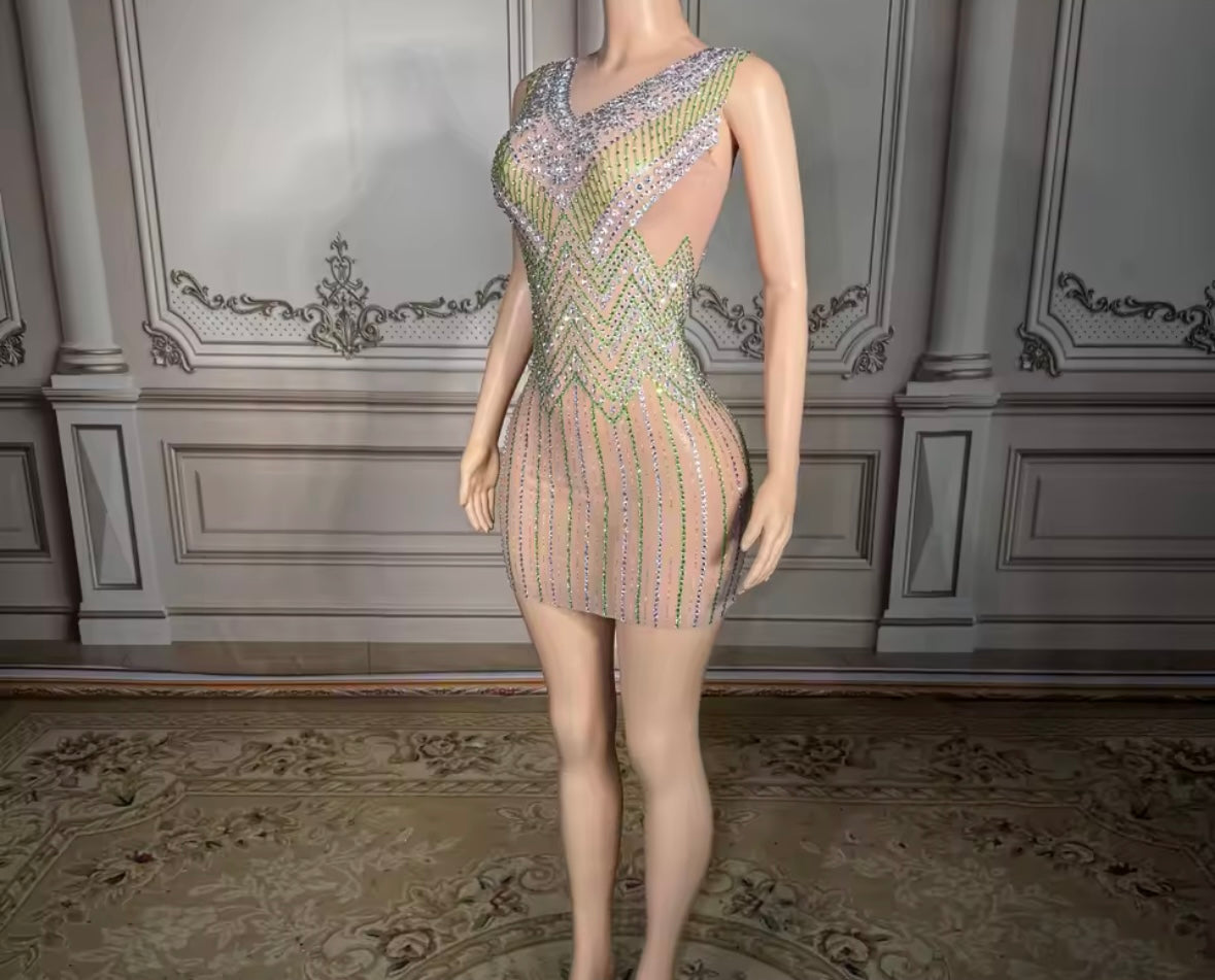 Sexy Sleeveless See Through Rhinestone Embellishment Dress