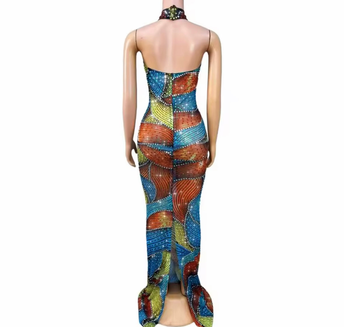 Sexy Multicolored Halter Sleeveless Rhinestone Maxi Dress