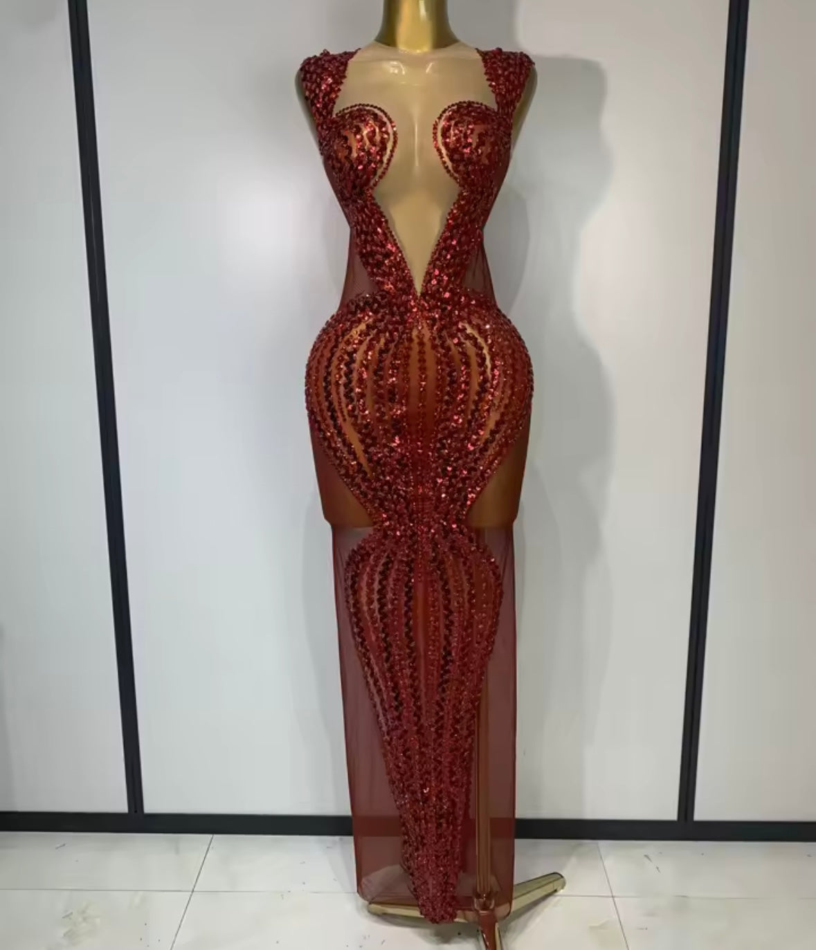 Red Sexy Sequins Sleeveless Floor-Length Dress