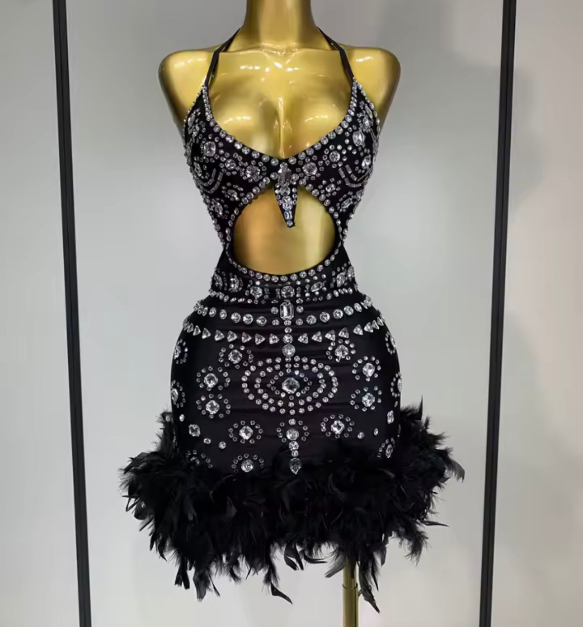 Sexy Sleeveless Rhinestone Cut Out Feather Dress