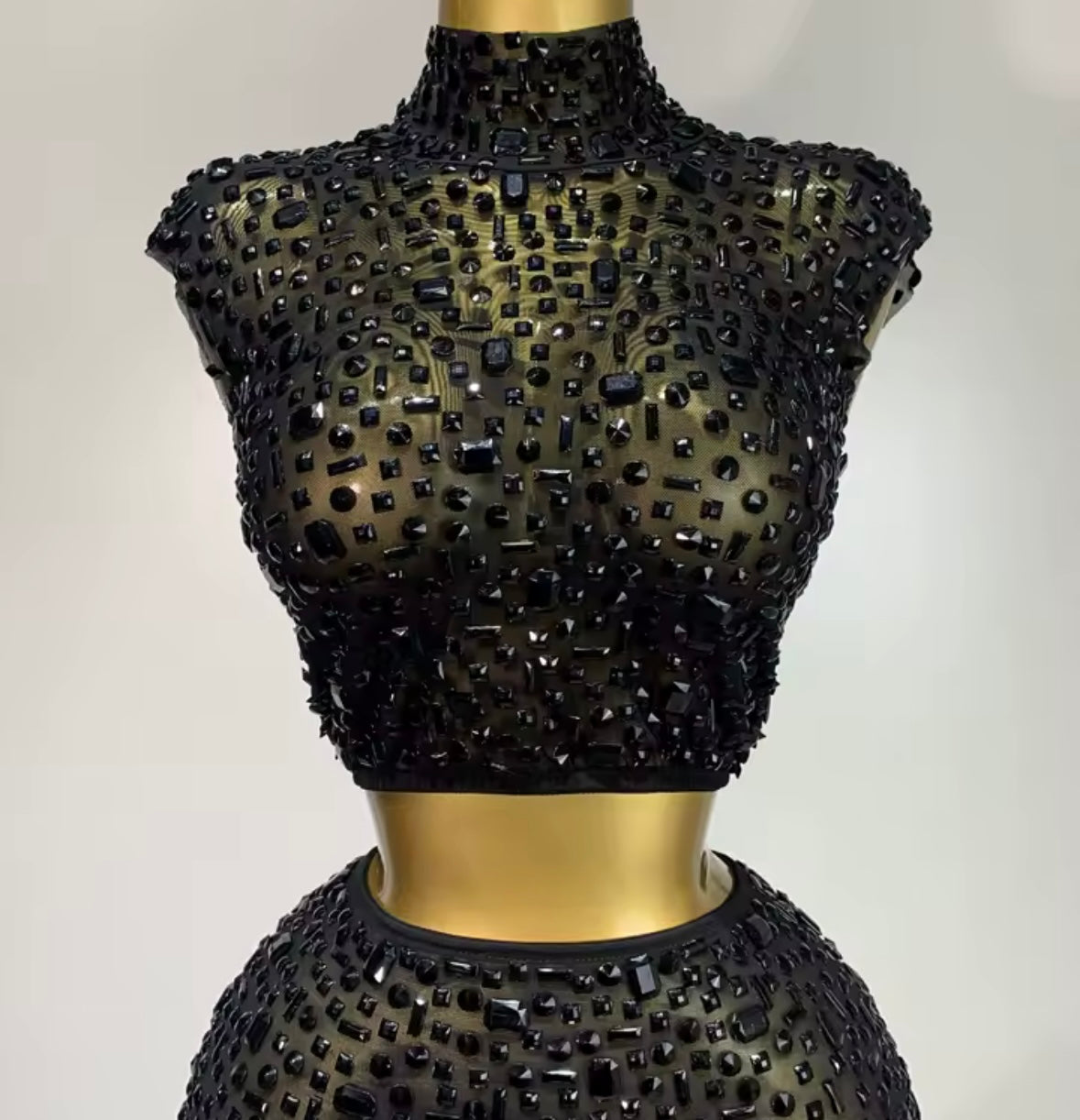 Sexy Crystal Sleeveless Mesh Two Piece Skirt Set