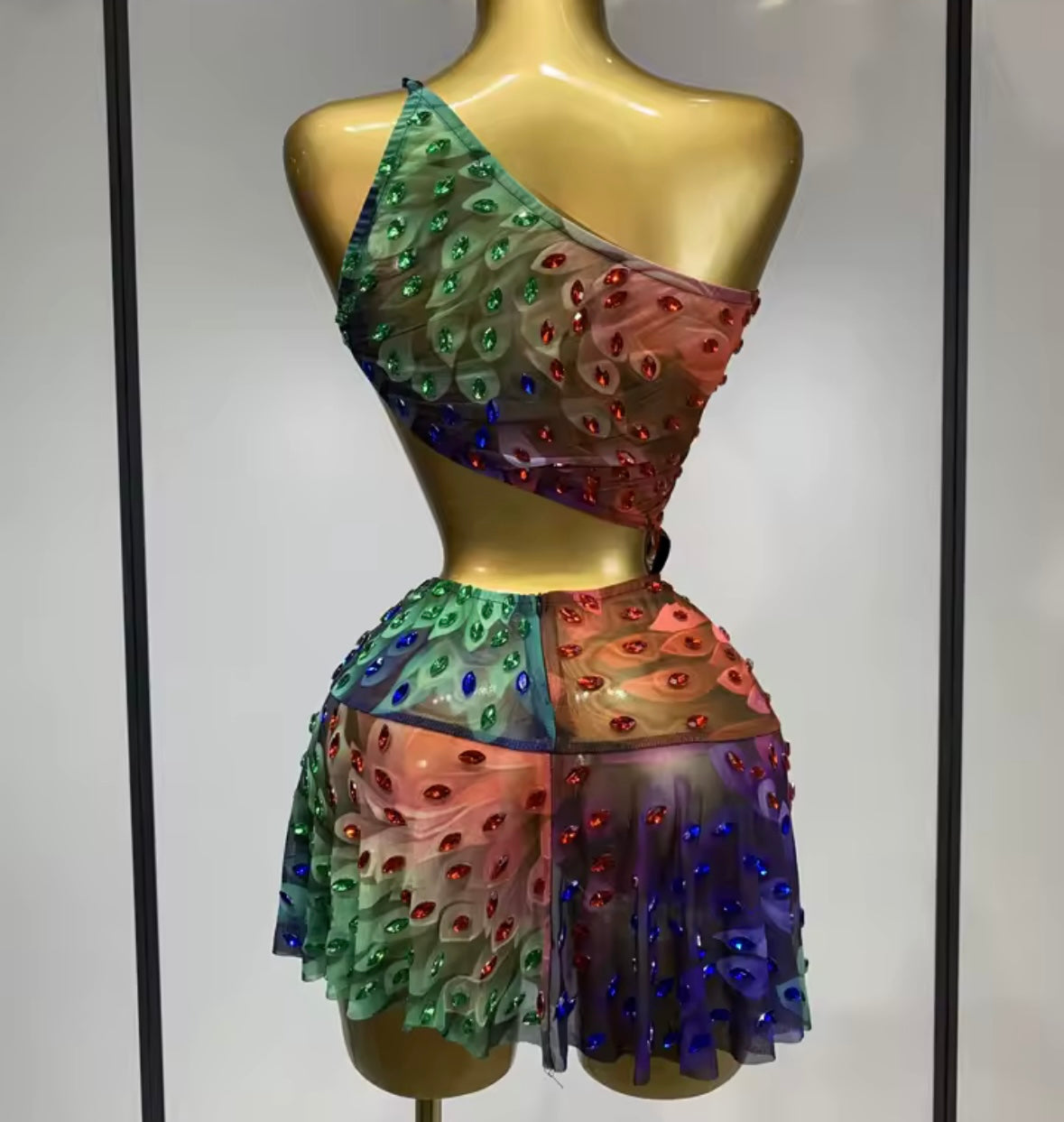 Sexy One Shoulder Sleeveless Colorful Crystal See Through Dress