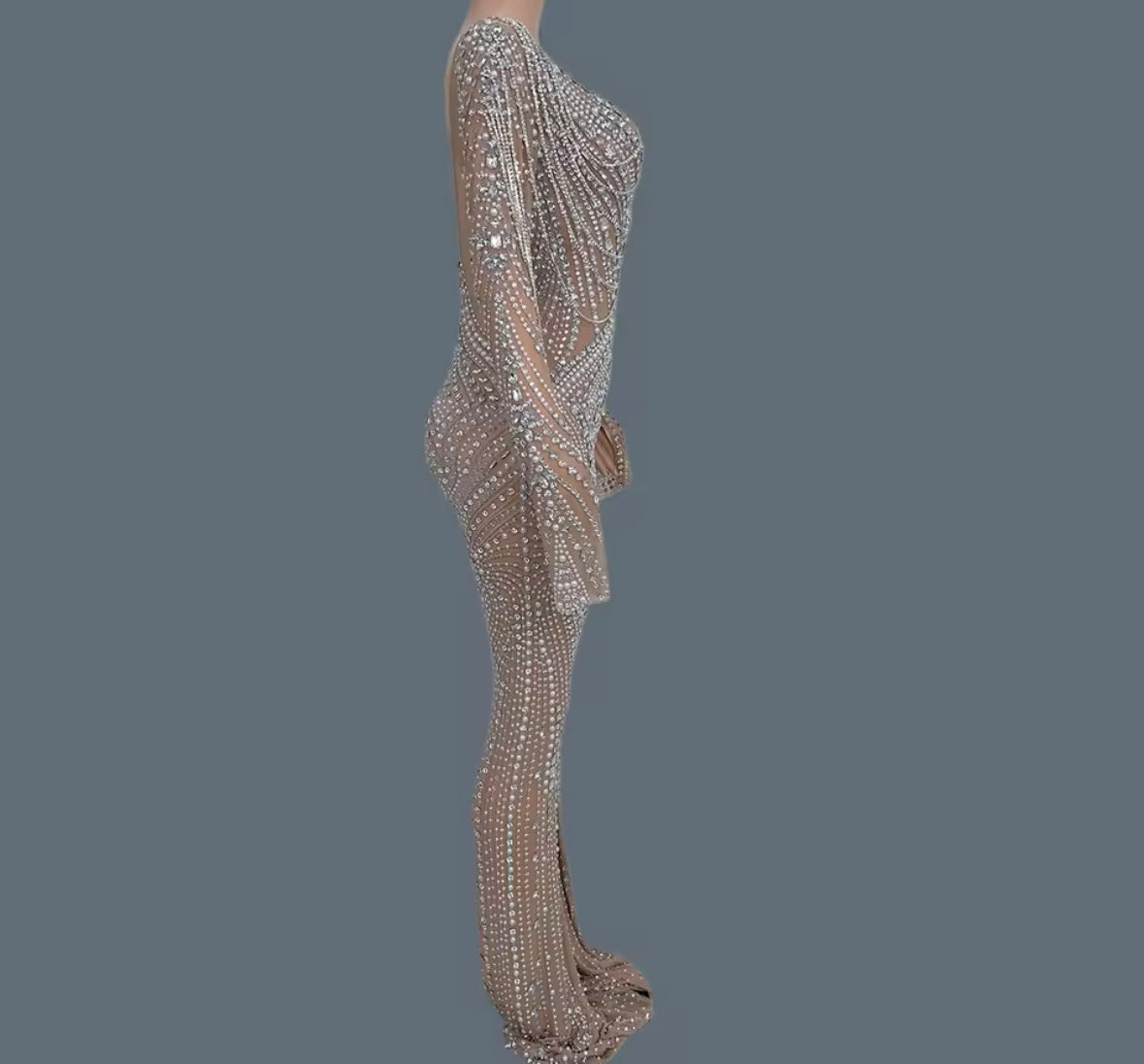 Sexy Rhinestone Chain Full Sleeve See Through Jumpsuit