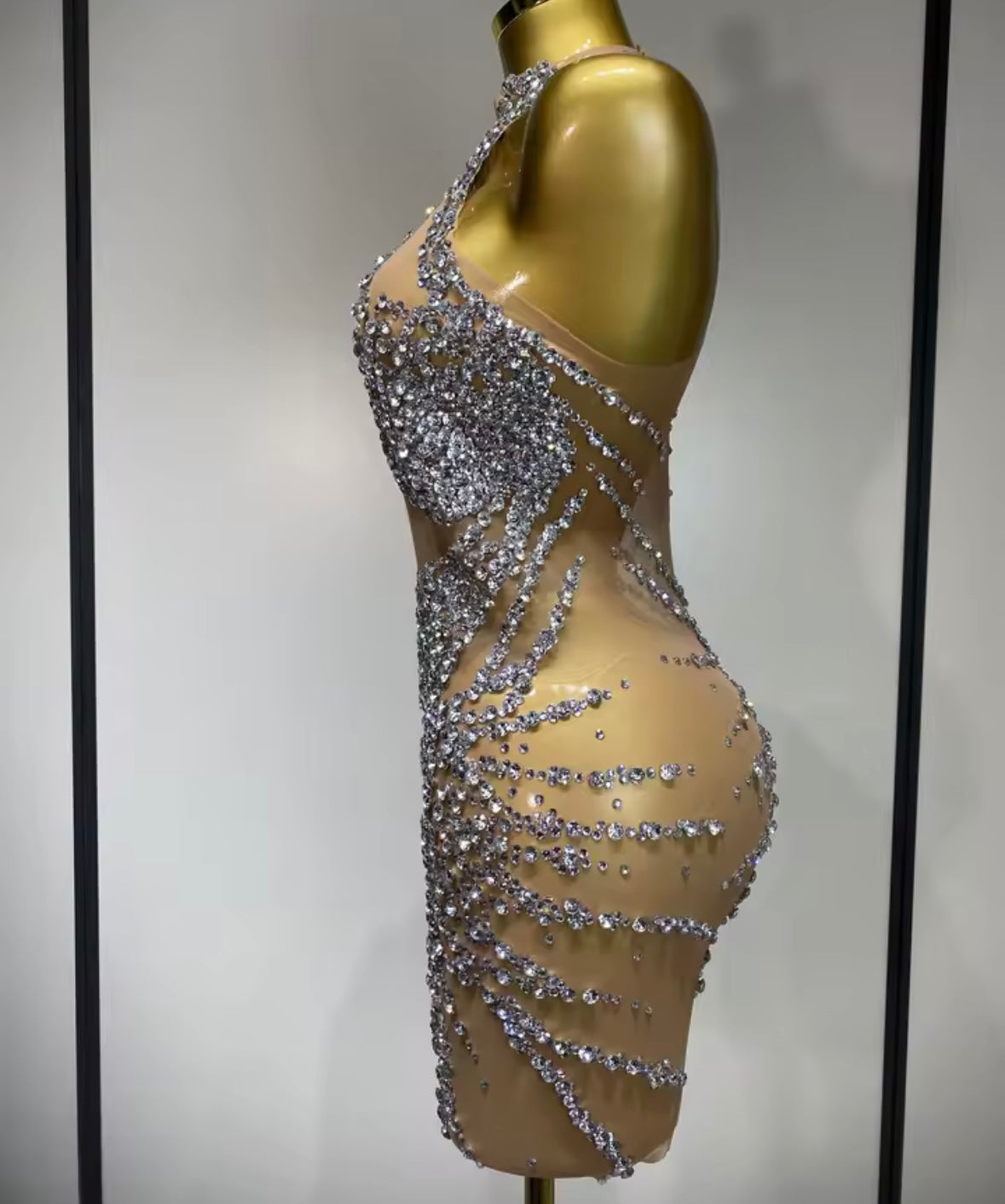 Sleeveless Rhinestone Sexy Short See Through Dress