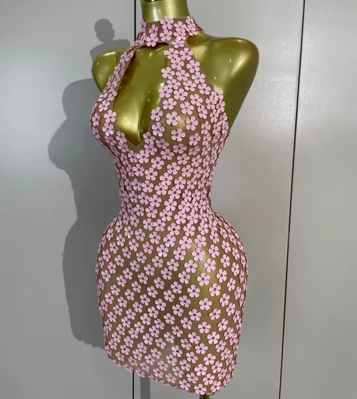 Pink Halter Sleeveless Floral See Through Sexy Dress