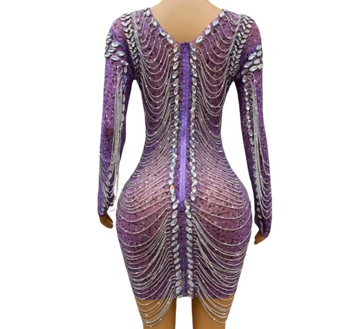 Sexy Purple Rhinestone Chain Full Sleeve Short Dress