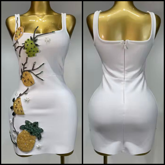 Sexy White Sleeveless Beaded Rhinestone Dress