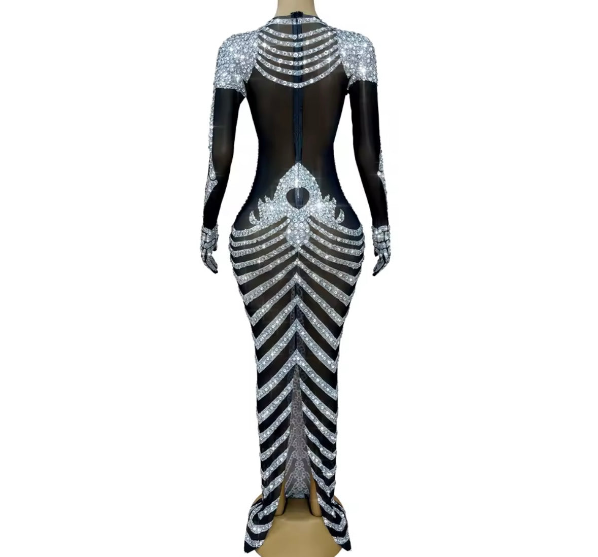 Sexy Rhinestone Embellishment Glove Full Sleeve Maxi Dress