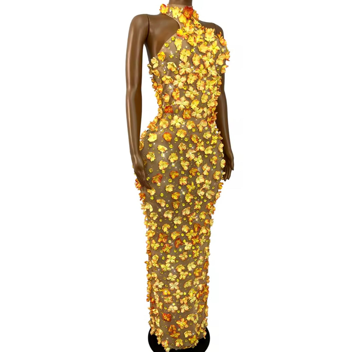 Sexy Sleeveless Floral Rhinestone Maxi Dress
