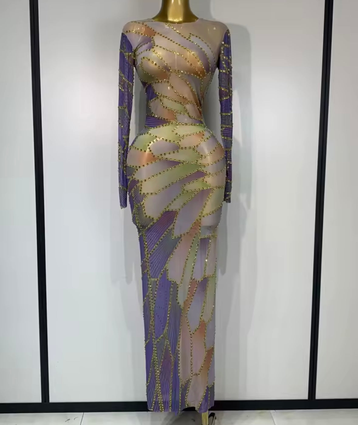 Sexy Multicolored Rhinestone Full Sleeve Floor-Length Dress