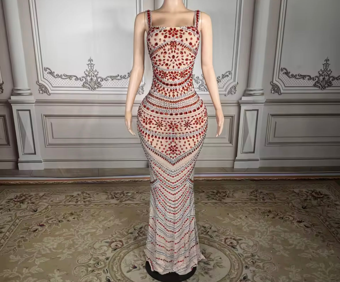 Sexy Sleeveless Red Rhinestone Embellishment Maxi Dress