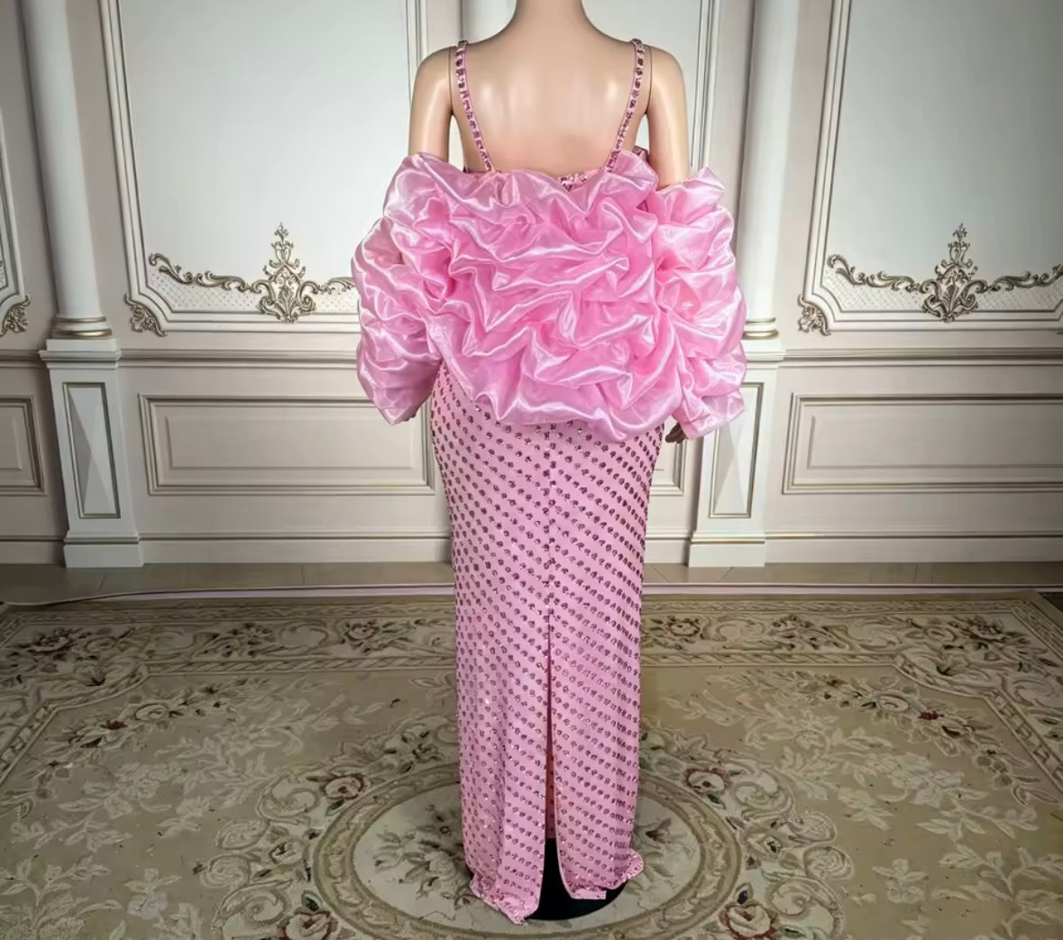 Pink Bow Rhinestone Sleeveless Sexy Maxi Dress
