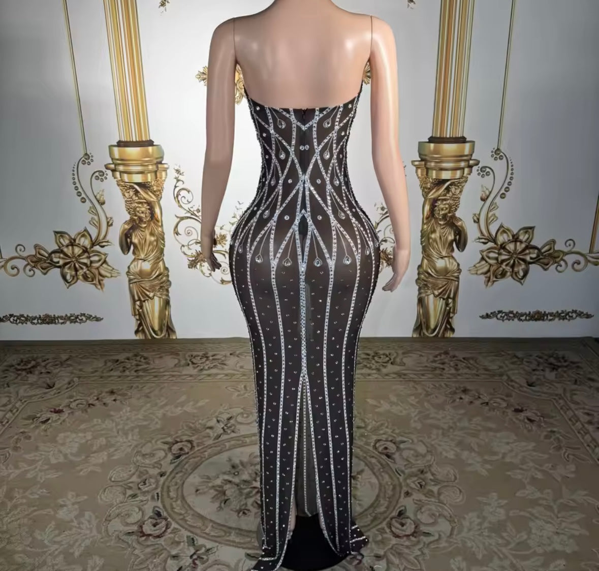 Black Sexy Strapless Rhinestone Embellishment Maxi Dress