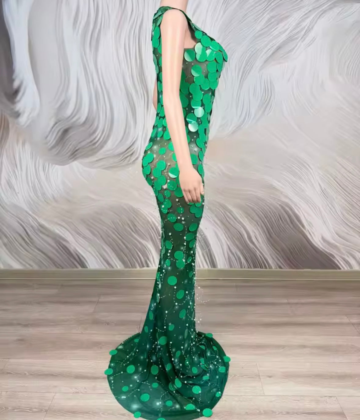 Green Sexy Sleeveless Round Sequins Mermaid Dress