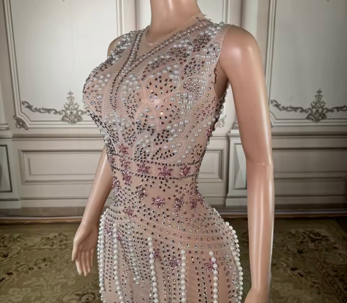 Elegant Sleeveless Rhinestone Pearl Tassel Floor-Length Dress
