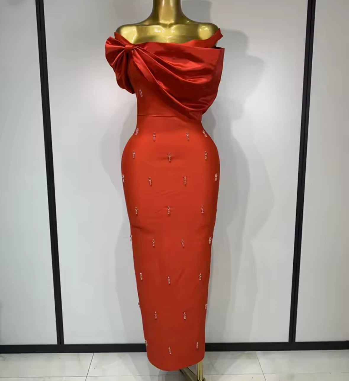 Red Off The Shoulder Beaded Elegant Maxi Dress