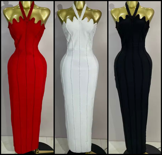 Sexy Beaded Halter Sleeveless Maxi Dress