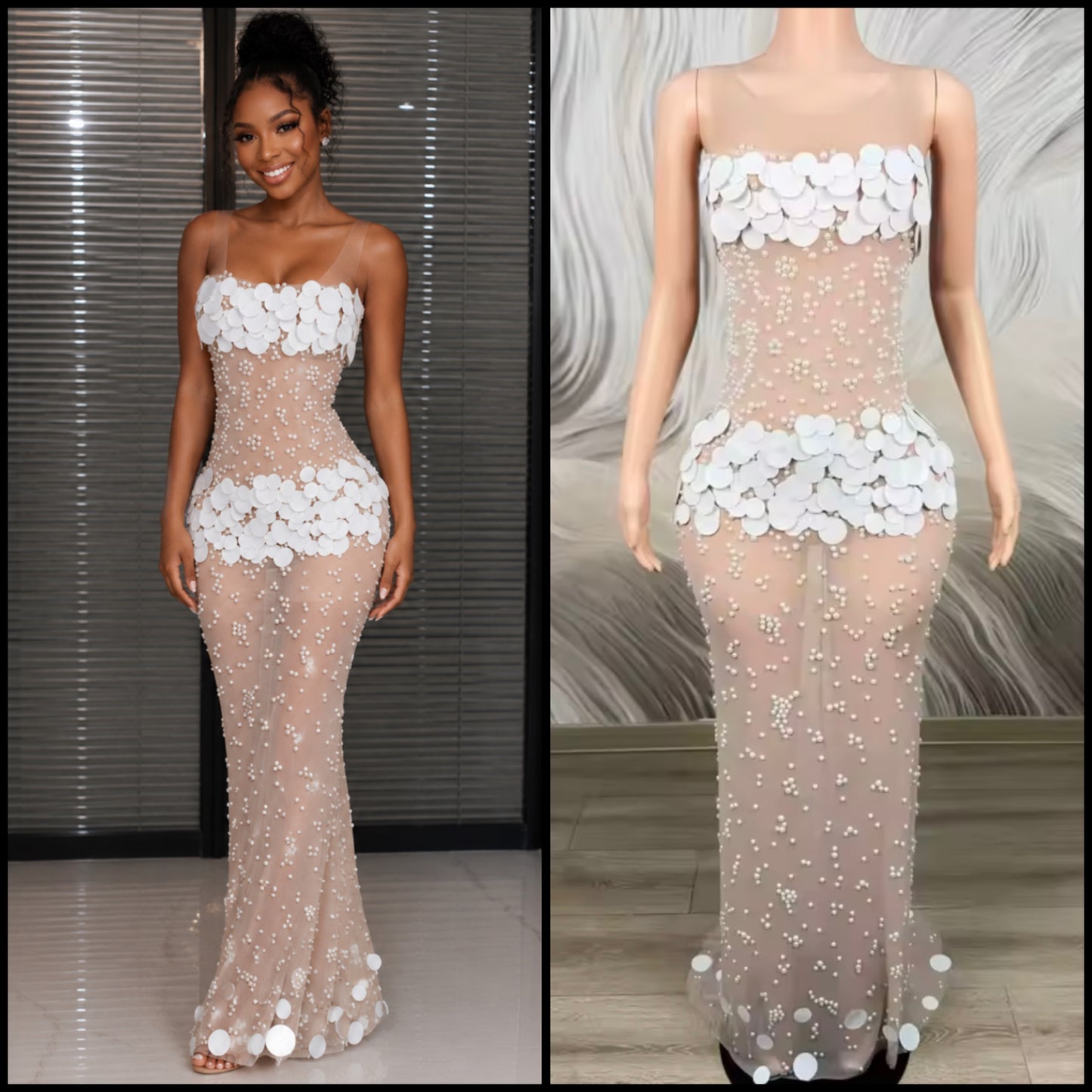 Sexy Sleeveless Sequins Pearl See Through Floor-Length Dress