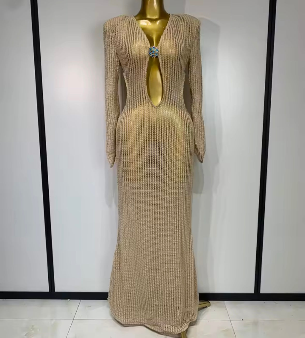 Gold Hollow Out Full Sleeve Sexy Floor-Length Dress