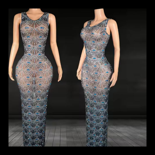 Sexy Rhinestone See Through Sleeveless Maxi Dress