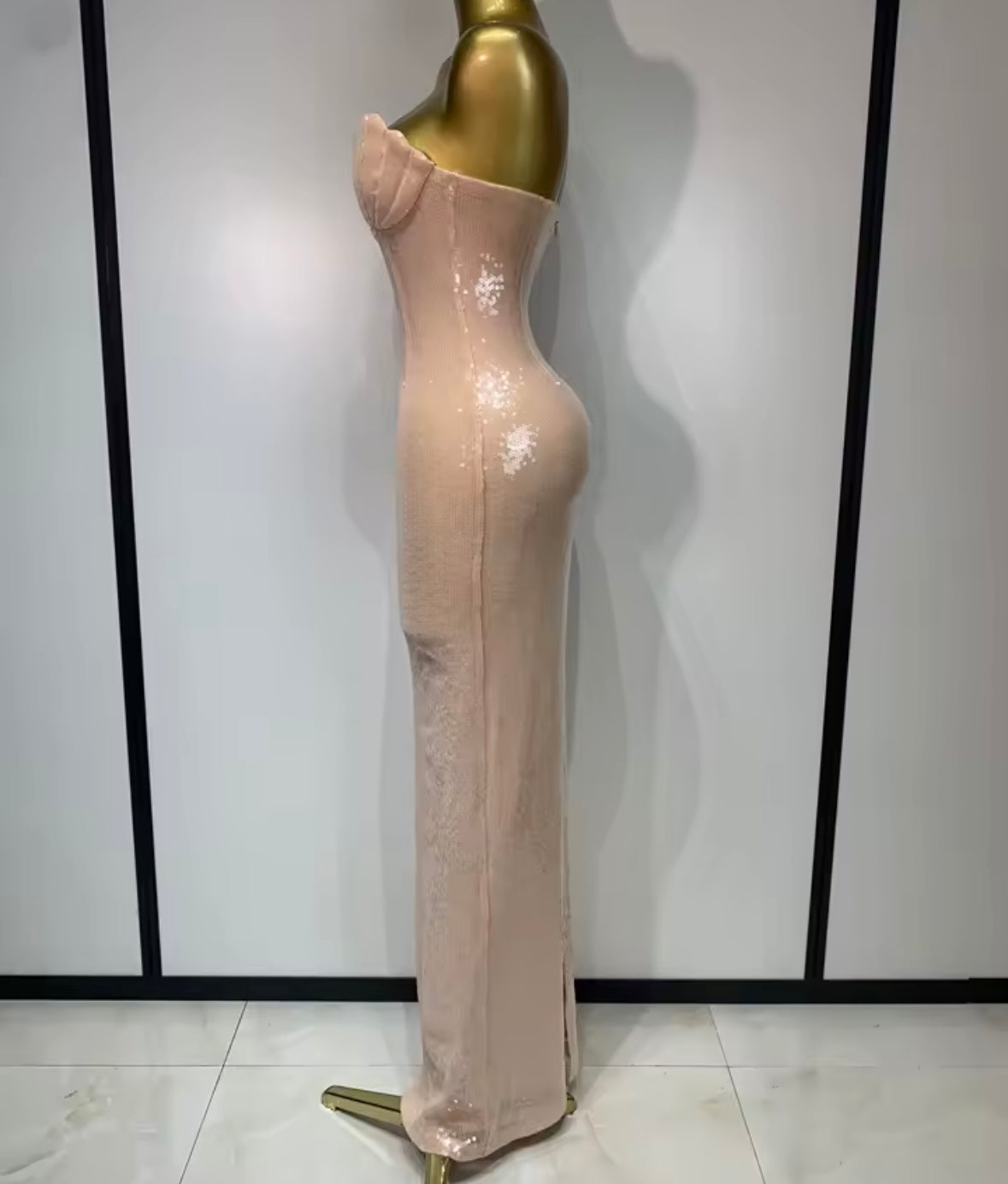 Sexy Pink Sequins Strapless Floor-Length Dress