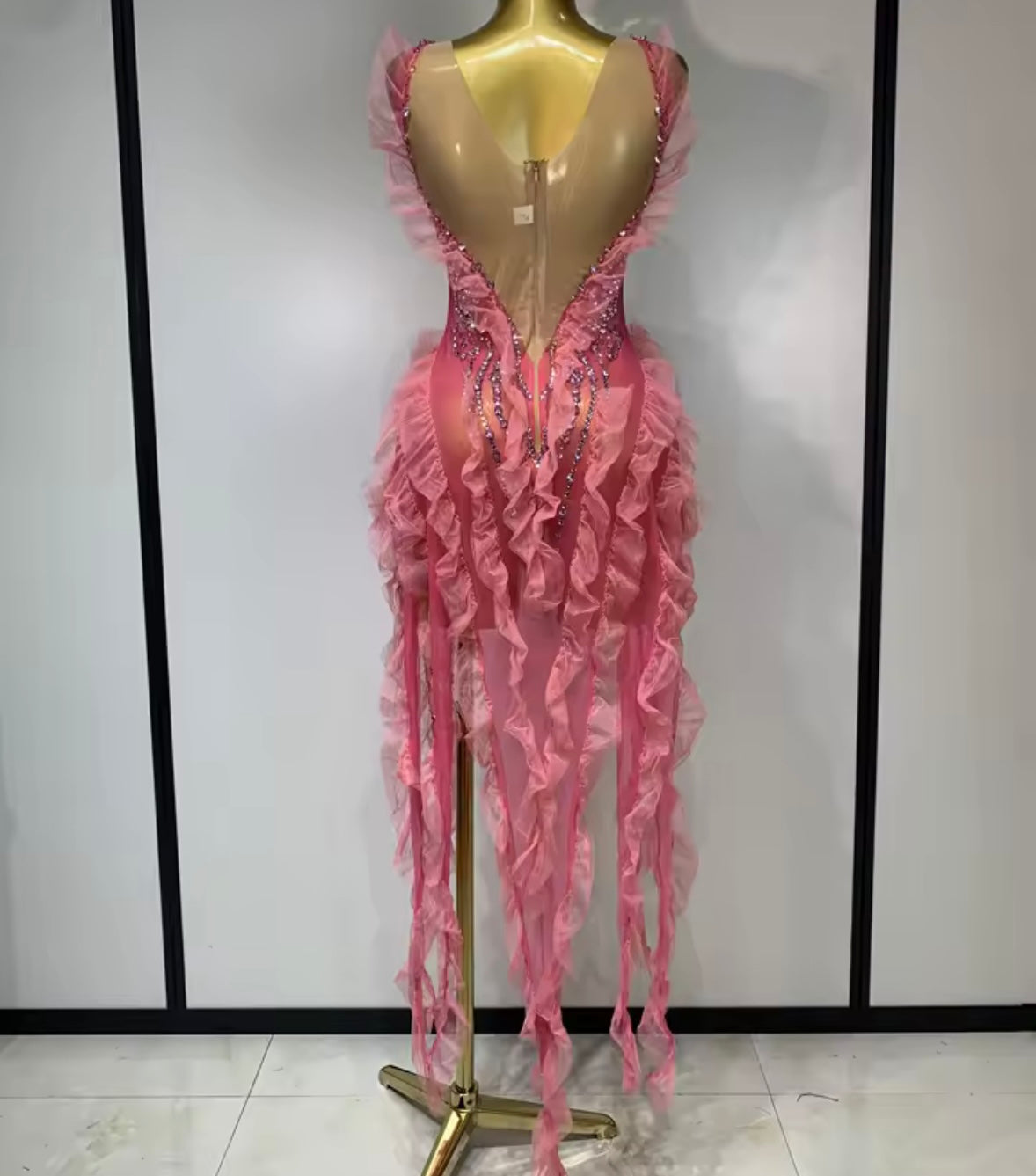 Sexy Pink Sleeveless Rhinestone Tassel Dress